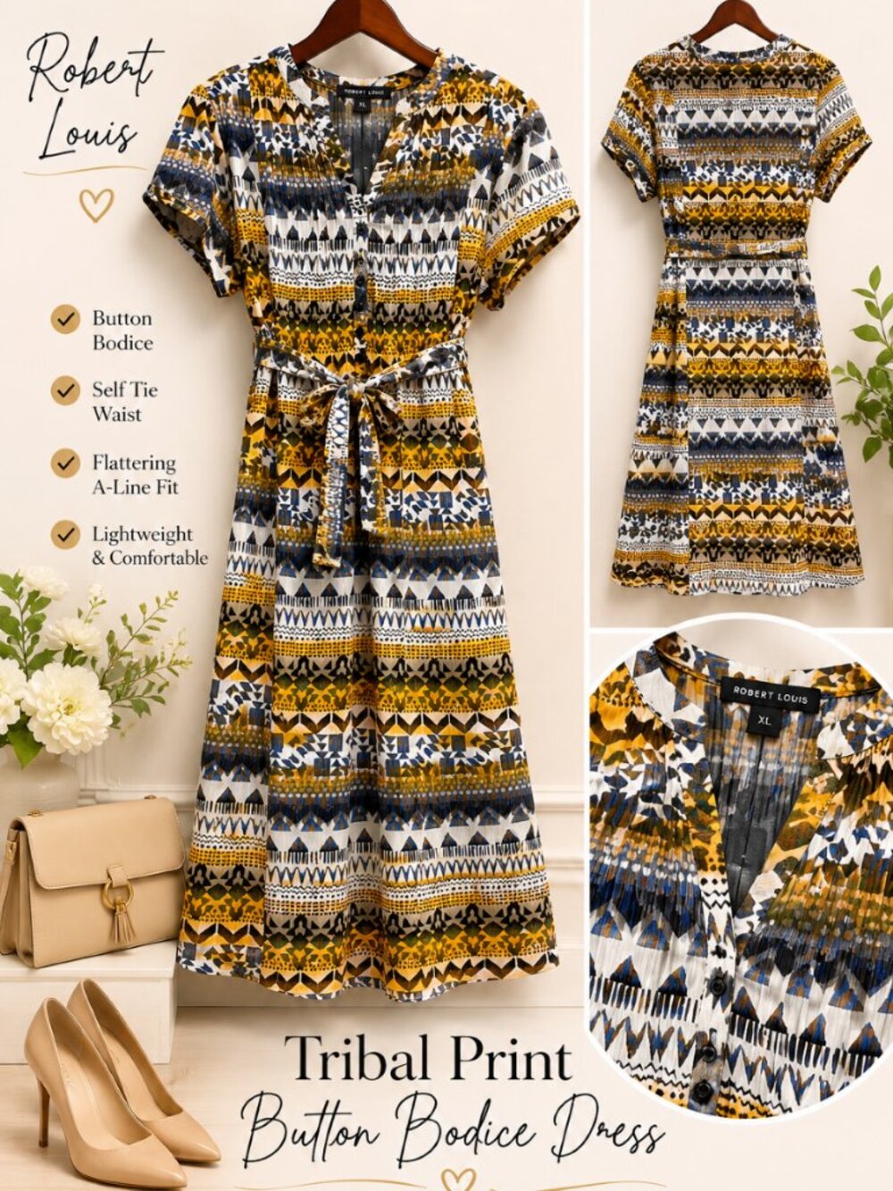 Robert Louis Tribal Print Button Bodice Dress XL NWT Multi
